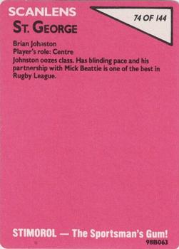1988 Scanlens #74 Brian Johnston Back